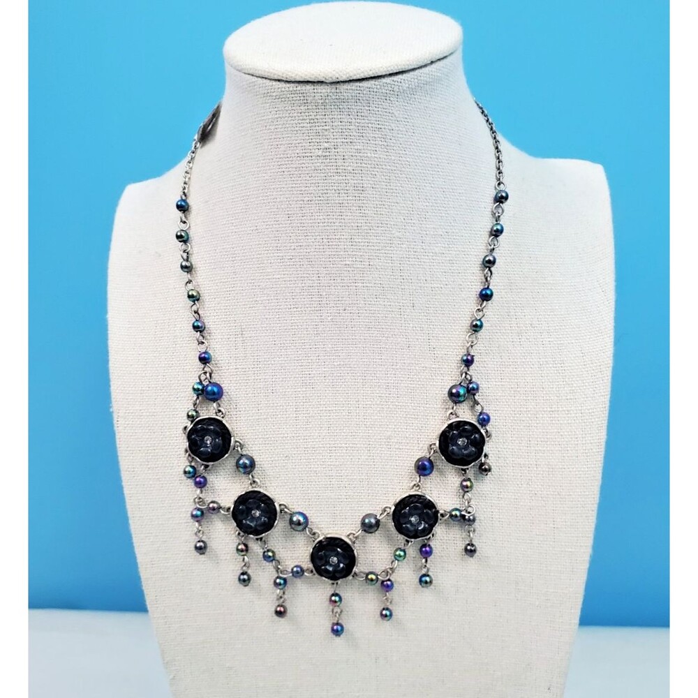 So Good Jewelry Black Floral Festoon Chandelier Necklace Iridescent Pearls NWOT